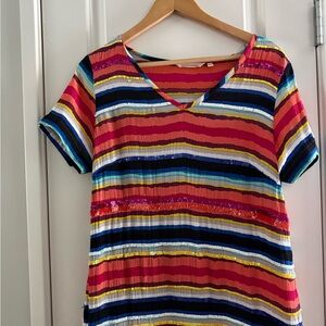 Soft Surroundings Multicolor Striped V-Neck Top Embellished Summer Vacation